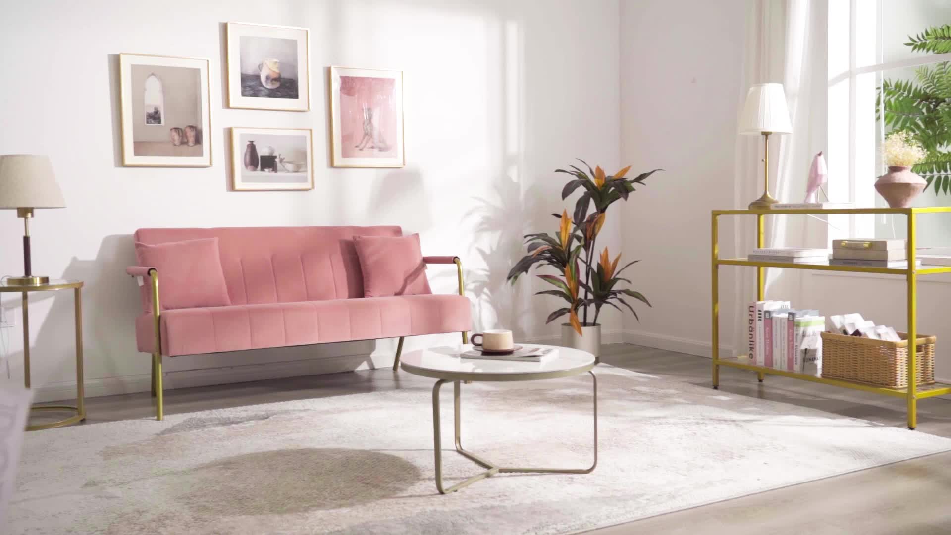 Costoffs Velvet Fabric Sofa Couch, 56.5″ W Modern Loveseat Couch with Gold-tone Metal Arms, Legs & 2 Pillows, Sofa for Living Room, Bedroom Furniture, Pink\u002FGreen\u002FGray